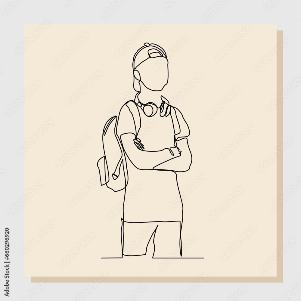 Continuous line drawing art of college campus student man with bag backpack. Vector illustration single one line art