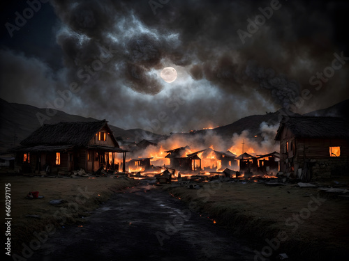 A village is burning down during war photo