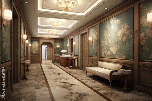 Luxury lobby interior With crystal lamp, Bing hall, carpeted floor, french sash, mosaic tile, comfortable sofa