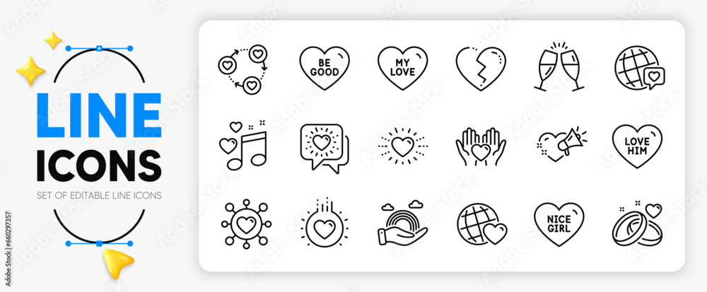 Heart, Dating and Nice girl line icons set for app include Friends world, Love him, Broken heart outline thin icon. Love music, Friends community, Be good pictogram icon. Vector