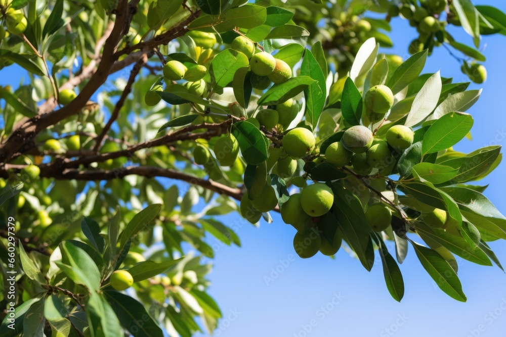 an avocado tree with fruits hanging low on its branches