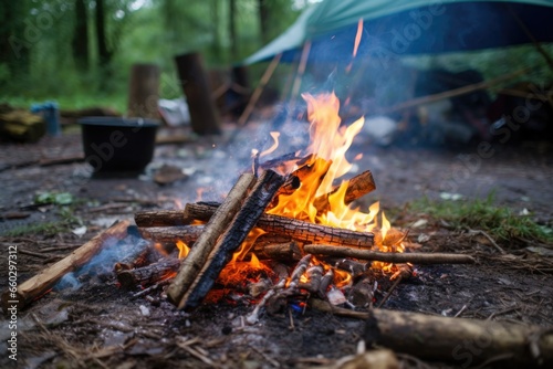 a small fire burning in an improvised campsite