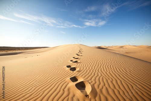 footprints in desert sand leading into the horizon
