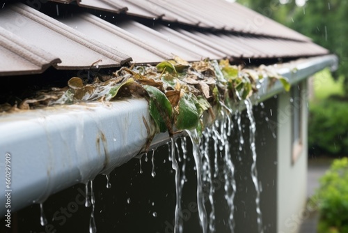 rainwater overflowing from a clogged white gutter