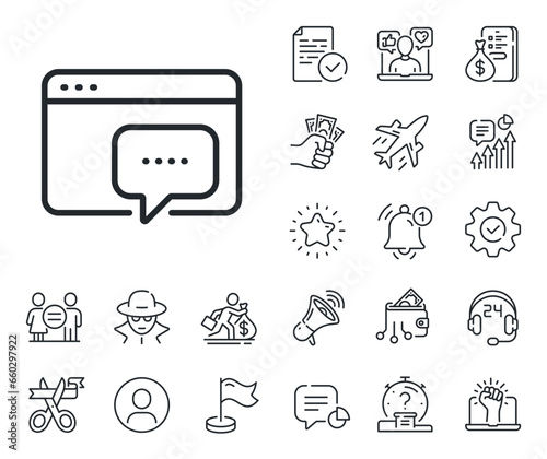 Web chat sign. Salaryman, gender equality and alert bell outline icons. Seo message line icon. Traffic management symbol. Seo message line sign. Spy or profile placeholder icon. Vector