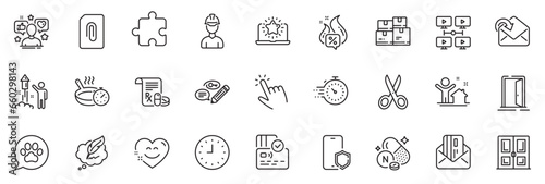 Icons pack as Cut, Medical prescription and Receive mail line icons for app include Hot offer, Smile chat, Card outline thin icon web set. Best laptop, Attachment, Frying pan pictogram. Vector