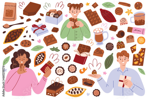 Chocolate hand drawn collection, doodle icons of cocoa beans, chocolates, bars, people eating chocolate candy, vector illustrations of sweet gifts for christmas, valentine, delicious cacao dessert set