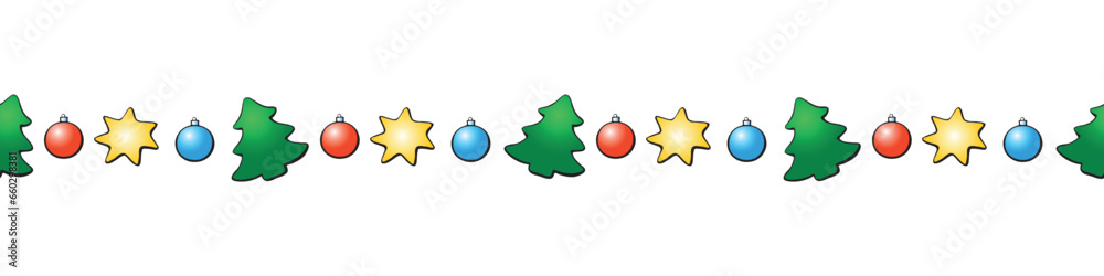 Edging, ribbon, border of color figures of Christmas trees, stars, xmas balls. Vector seamless pattern, ornament, horizontal decorative element for New Year, Christmas design - obrazy, fototapety, plakaty 