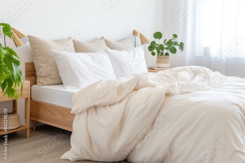 well-made bed with matching pillowcases in bright lit room