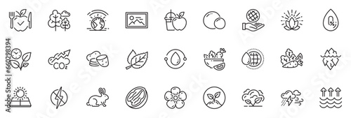 Icons pack as Antistatic, Photo and Cold-pressed oil line icons for app include Natural linen, Leaf, Vegetables outline thin icon web set. Pecan nut, Co2 gas, Potato pictogram. Vector