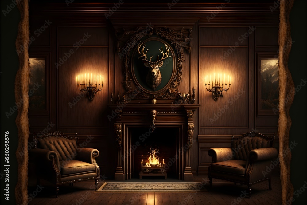 This dark oakpaneled room looks like a hunters den Mounted above the fireplace is a stags head and positioned around the outskirts of the room are three stuffed wolves  - obrazy, fototapety, plakaty 