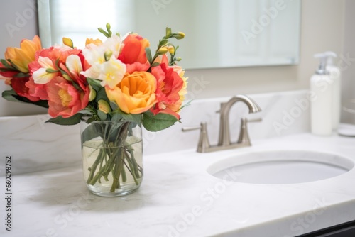 fresh flowers adding color to a neutral-toned bathroom counter
