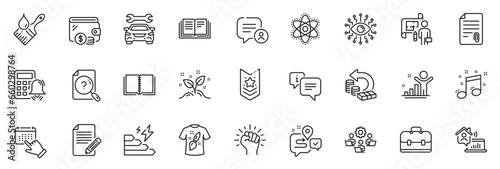 Icons pack as Shoulder strap, Winner and Article line icons for app include Wallet, Search document, Portfolio outline thin icon web set. Empower, Teamwork, Journey pictogram. Vector