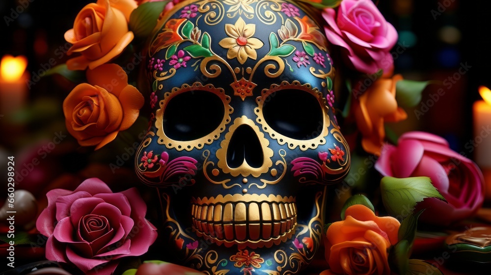 Day of the Dead. Decorated skulls. Celebration of life and death. Souls return to Earth