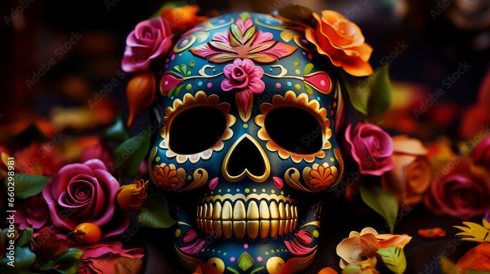 Day of the Dead. Decorated skulls. Celebration of life and death. Souls return to Earth