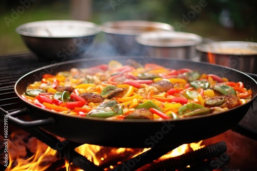 spanish paella in a traditional cooking pan