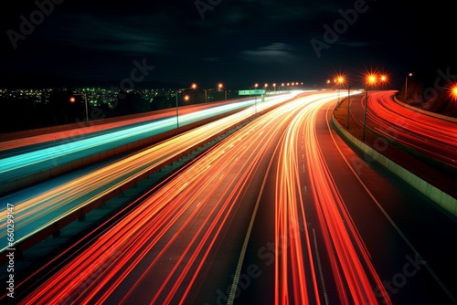 Fast-moving vehicle on brightly lit highway at night. Generative AI