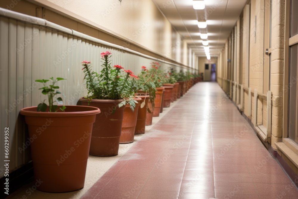shared flowerpots along a common corridor in an apartment building