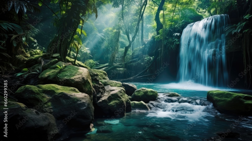 Crystal-clear waterfall in dense jungle. Water conservation and pristine environment concept.