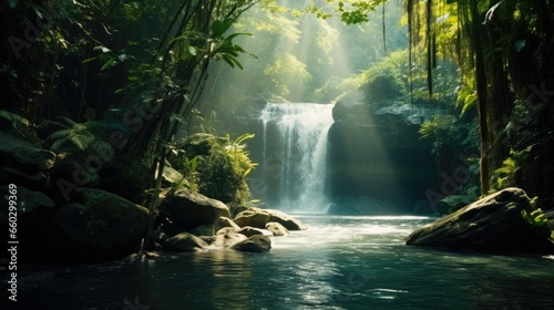 Crystal-clear waterfall in dense jungle. Water conservation and pristine environment concept.