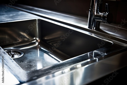 close-up of shiny stainless steel kitchen sink