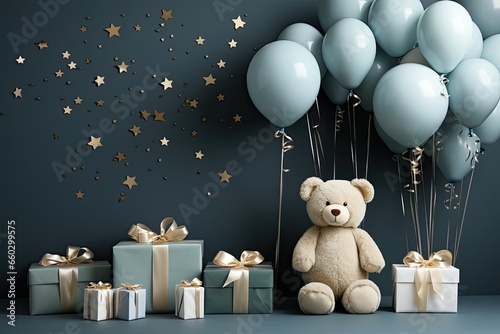 birthday invitation card background, teddy bear, gifts and balloons