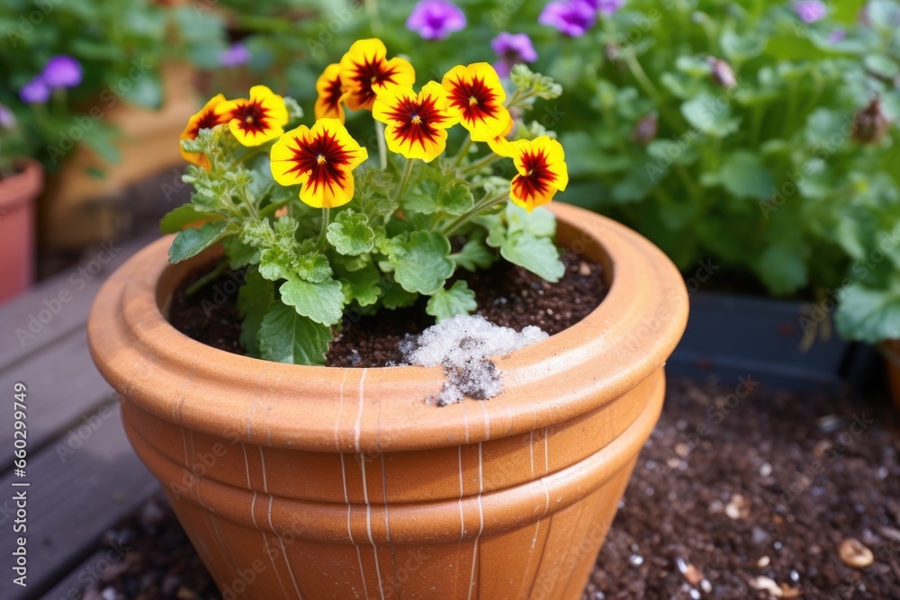 flower pot with ring of salt around to deter slugs