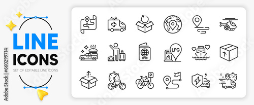 Send box, Return package and Passport line icons set for app include Food delivery, Place, Medical helicopter outline thin icon. Journey, Bicycle parking, Gas station pictogram icon. Vector