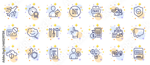 Outline set of Cursor, Education idea and Best result line icons for web app. Include Fake news, Refer friend, Improving safety pictogram icons. Spanner tool, Finance calculator. Vector