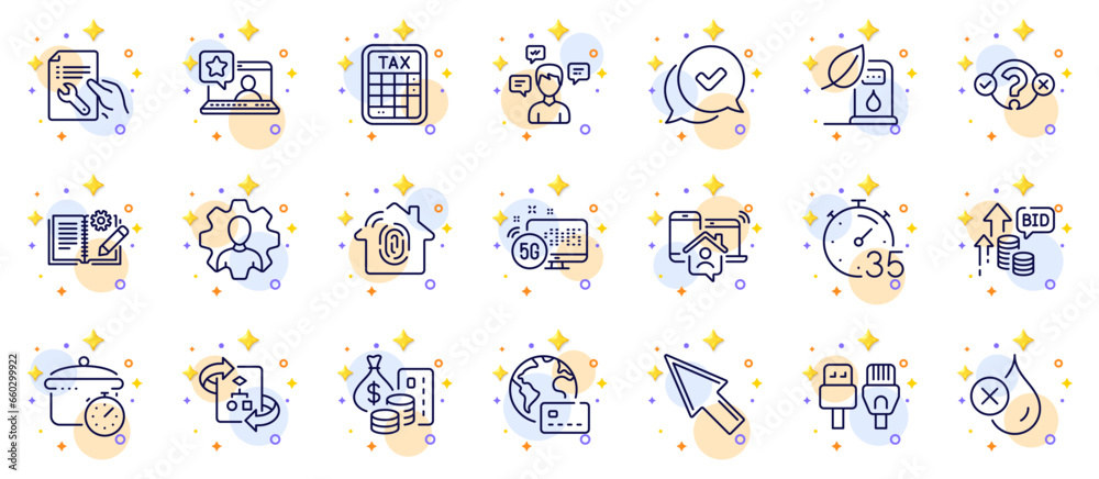 Outline set of Approved, Boiling pan and Quiz test line icons for web app. Include Repair document, Conversation messages, Technical algorithm pictogram icons. Fingerprint access. Vector Outline set of Approved, Boiling pan and Quiz test line icons for web app. Include Repair document, Conversation messages, Technical algorithm pictogram icons. Fingerprint access. Vector