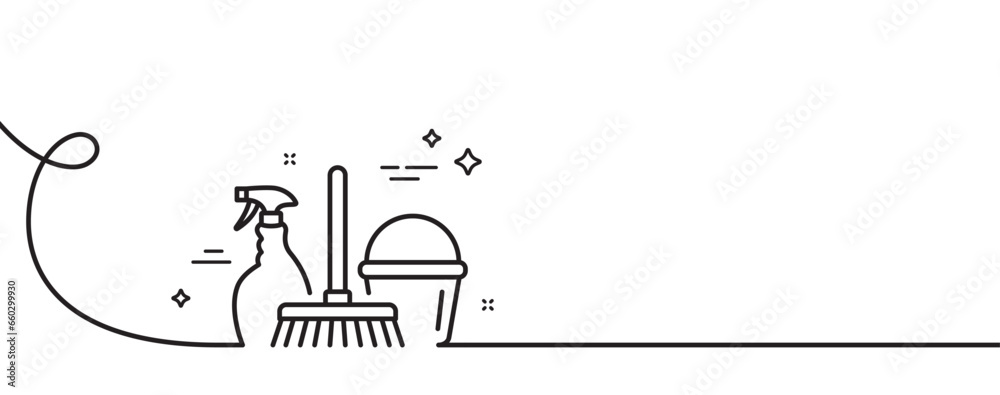 Cleaning service line icon. Continuous one line with curl. Spray, bucket and mop symbol. Housekeeping equipment sign. Household service single outline ribbon. Loop curve pattern. Vector Cleaning service line icon. Continuous one line with curl. Spray, bucket and mop symbol. Housekeeping equipment sign. Household service single outline ribbon. Loop curve pattern. Vector