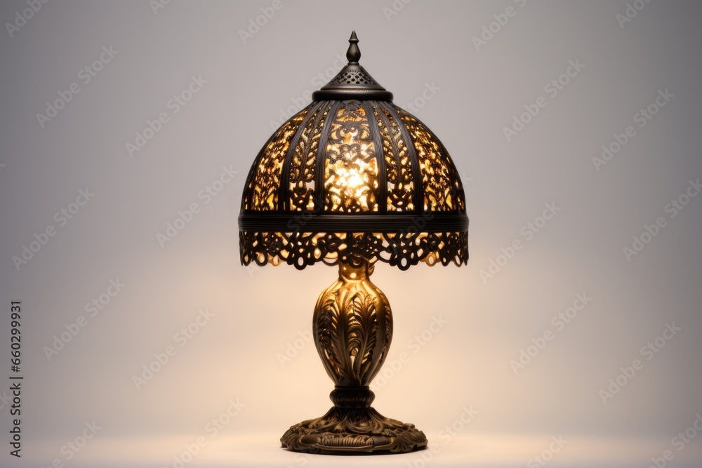 an ornate table lamp against a plain, off-white background an ornate table lamp against a plain, off-white background