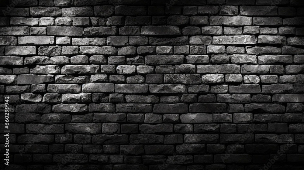 Black brick wall, black texture of a wall made of horizontal slim cut stone blocks, copy space - obrazy, fototapety, plakaty 