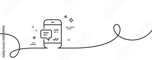 Phone Message line icon. Continuous one line with curl. Mobile chat sign. Conversation or SMS symbol. Smartphone notification single outline ribbon. Loop curve pattern. Vector