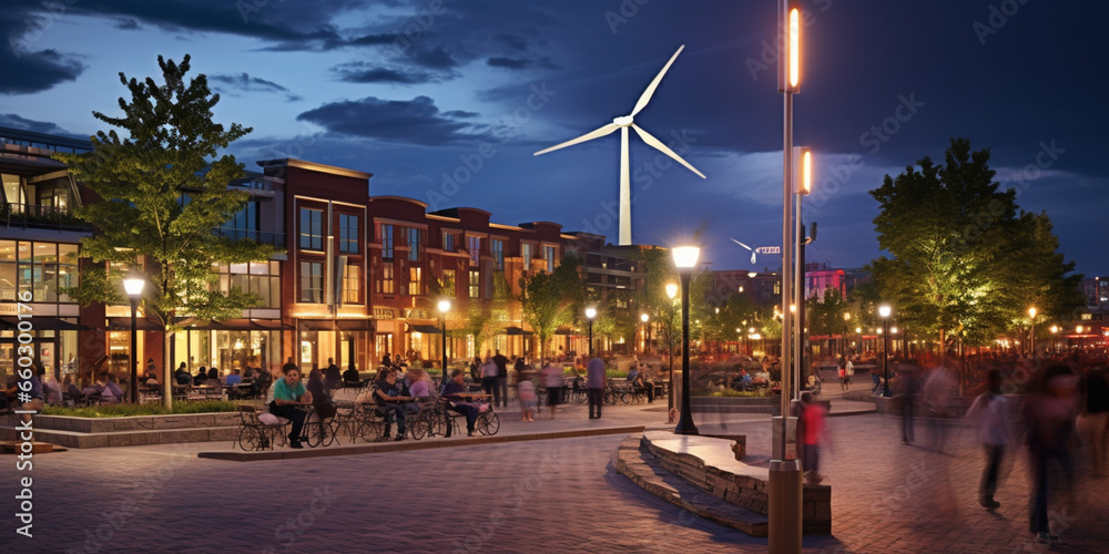Naklejka premium Vibrant Town Square Illuminated by the Brilliance of Wind Turbines, Showcasing Sustainable Energy and Community Engagement