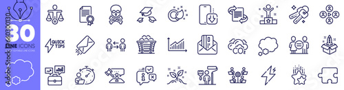 Talk bubble, Coal trolley and Marketing line icons pack. Video conference, Judge hammer, Keys web icon. E-mail, Power, Puzzle pictogram. Certificate, Timer, Graph. Painter. Vector