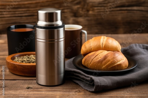 thermos flask with hot soup next to crusty bread roll