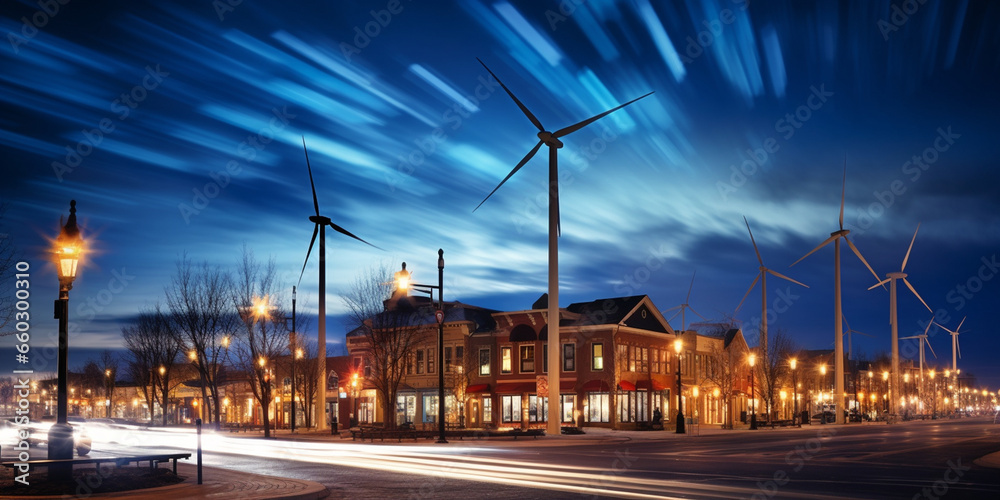 Obraz premium Vibrant Town Square Illuminated by the Brilliance of Wind Turbines, Showcasing Sustainable Energy and Community Engagement