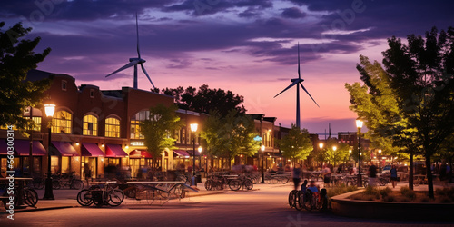 Vibrant Town Square Illuminated by the Brilliance of Wind Turbines, Showcasing Sustainable Energy and Community Engagement