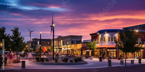 Vibrant Town Square Illuminated by the Brilliance of Wind Turbines, Showcasing Sustainable Energy and Community Engagement