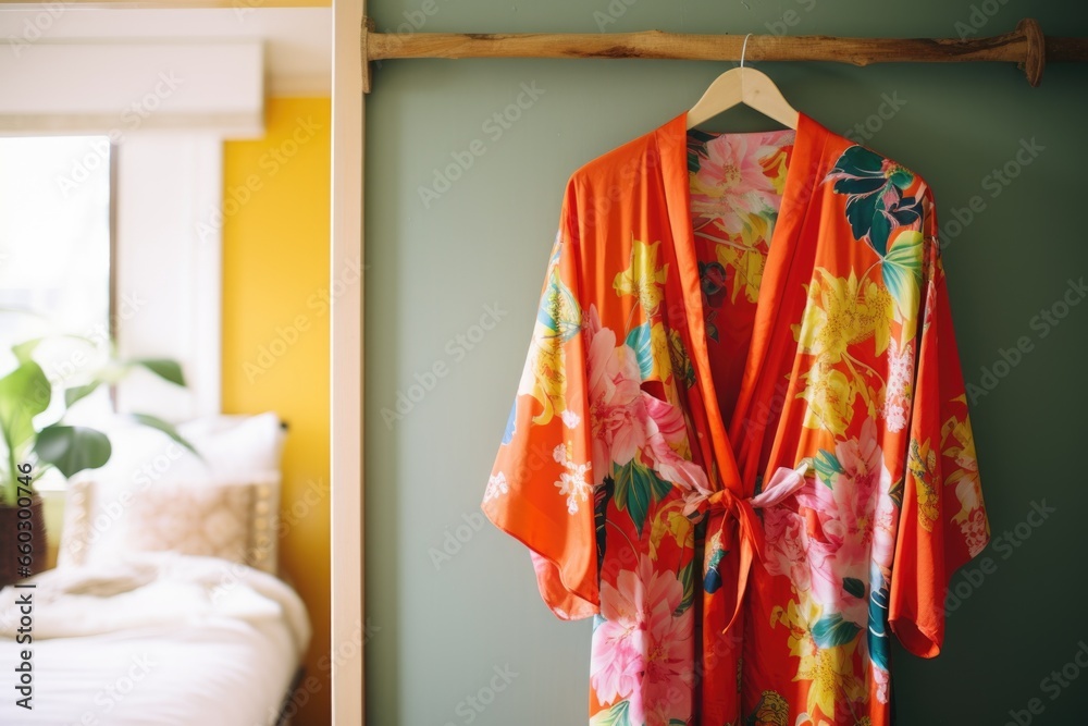 a bright, floral maternity kimono on a hanger