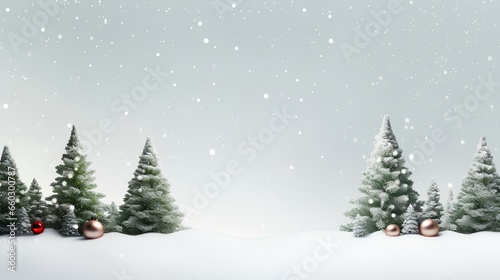 contemporary christmas banner showcasing a minimalist fir tree design, accentuated by snow and abstract christmas toys. plenty of room for customization. generative AI © yj