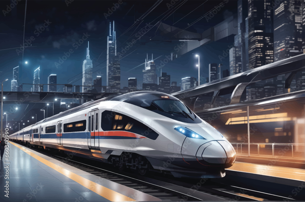 Modern high speed red commuter train at the railway station at sunset Modern high speed red commuter train at the railway station at sunset