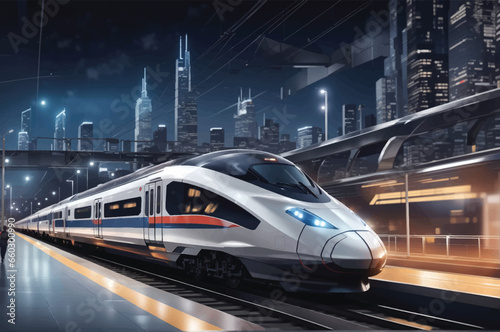 Modern high speed red commuter train at the railway station at sunset