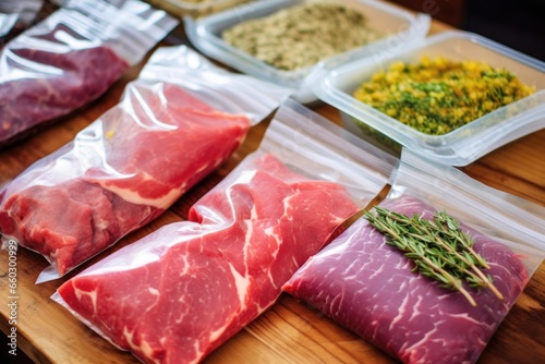 raw marinated meat separated in ziplock bags