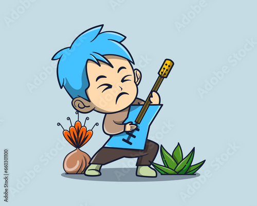vector illustration of boy playing electric guitar seriously cute. surrounding plants