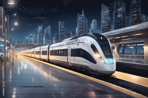 Modern high speed red commuter train at the railway station at sunset