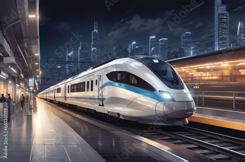 Modern high speed red commuter train at the railway station at sunset