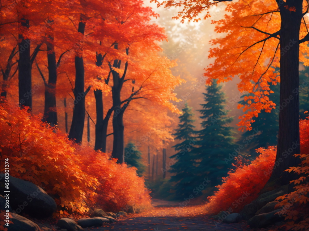 Autumn in the forest, Image of a serene autumn forest with vibrant foliage, capturing the essence of the season, colorful autumn season