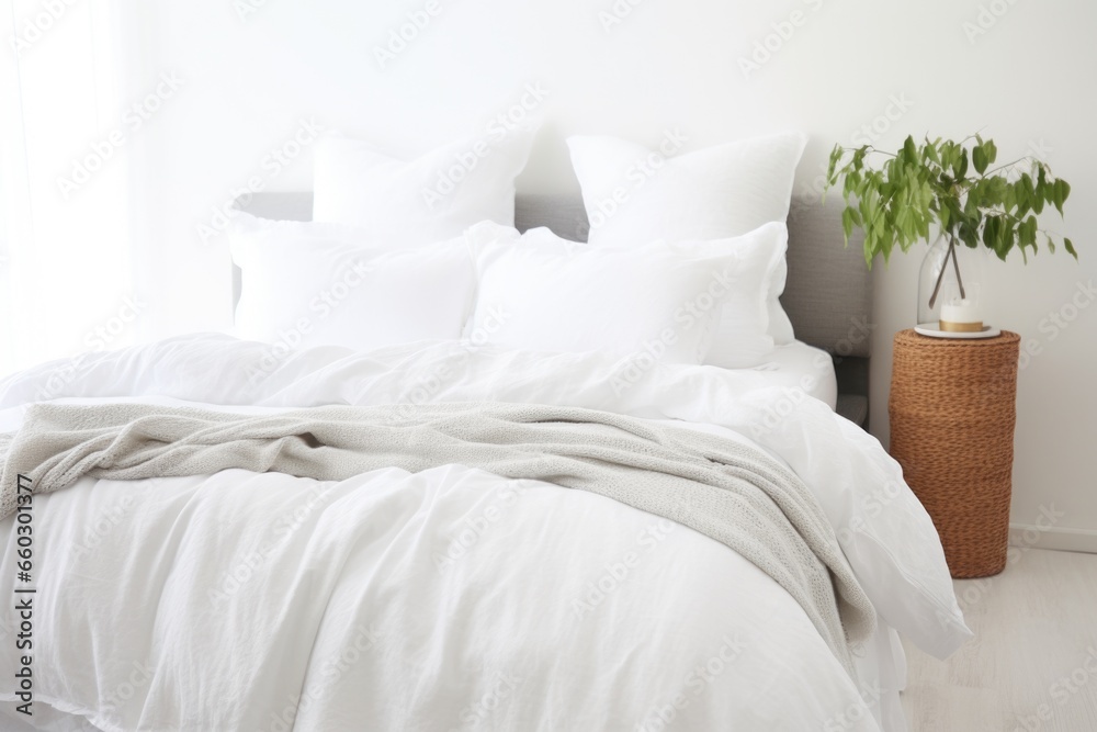 layered white-on-white bedding on a minimalist bed layered white-on-white bedding on a minimalist bed